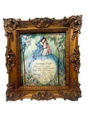 Vintage Ornate Gold Tone Frame With Mary Gold "Mother Dear" Poem Artwork 5"x7"